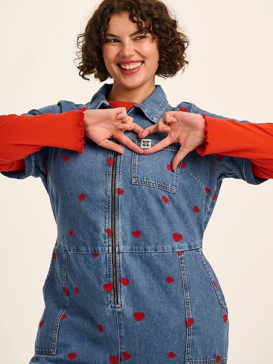 Lucy & Yak Pants - Lucy & Yak Ragan Denim Jumpsuit with embroidered cupid Hearts US 8 UK 12 NWT